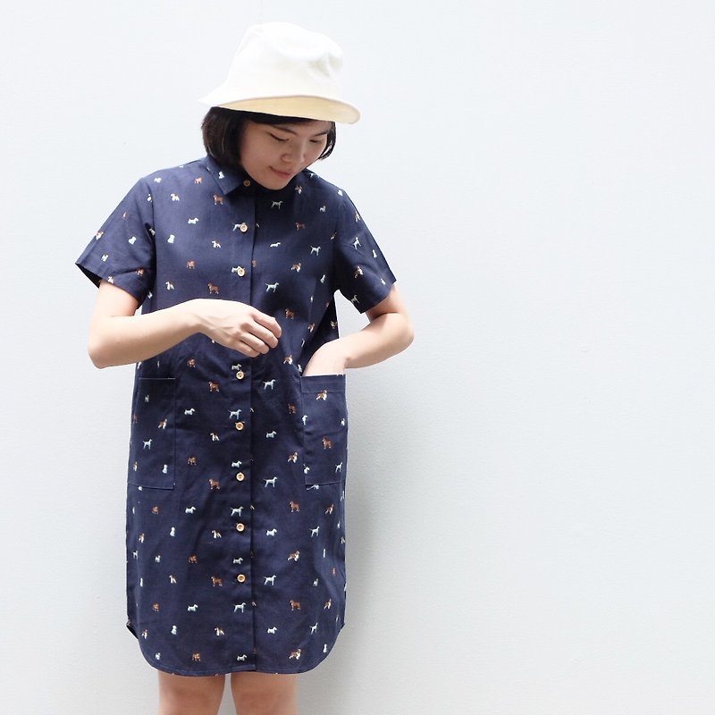 Shirt Dress (Dogs Printed-Navy) - 連身裙 - 棉．麻 藍色