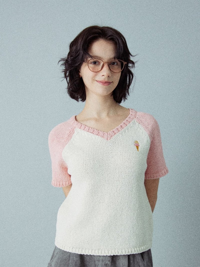 Ice_Cream Raglan V_neck Knit Top_pink_S M - 女上衣/長袖上衣 - 棉．麻 