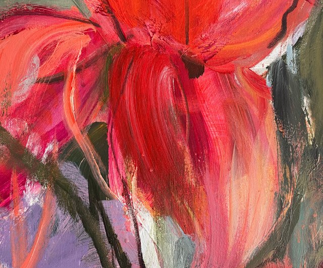 キャンバスに描かれたオリジナルの抽象的な赤い花の絵画 テクスチャの