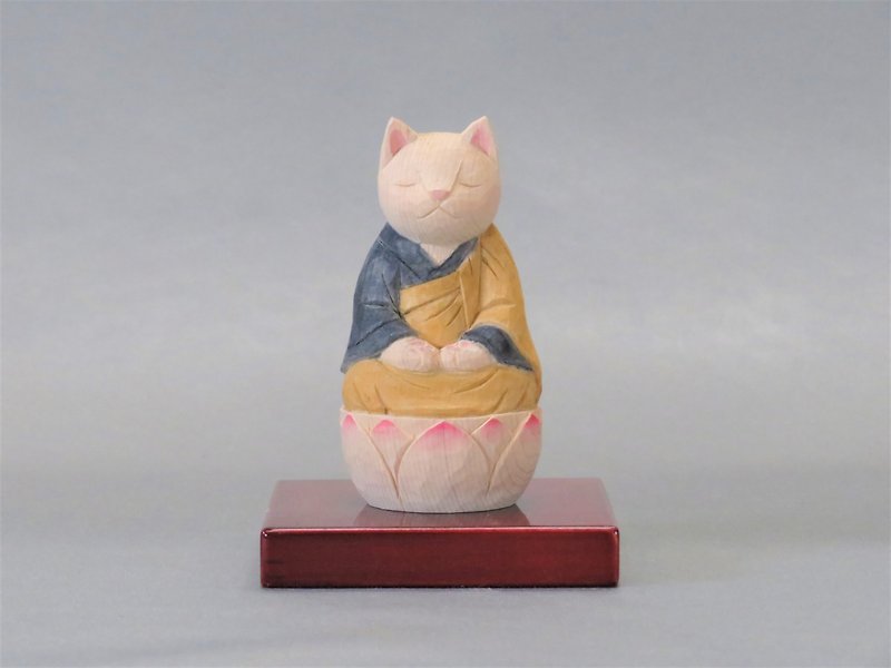 木彫り　袈裟を着た座禅猫　猫仏2007 - 人形・フィギュア - 木製 オレンジ