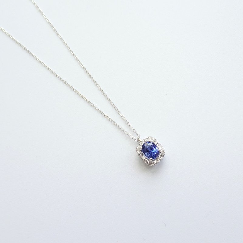 Natural Sapphire Oval Cut Halo Diamonds 18K Solid Gold Dainty Necklace - Necklaces - Gemstone Blue