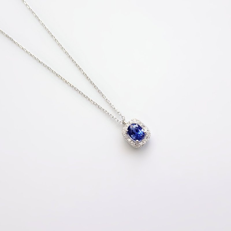 Natural Sapphire Oval Cut Halo Diamonds 18K Solid Gold Dainty Necklace - สร้อยคอ - เครื่องเพชรพลอย สีน้ำเงิน
