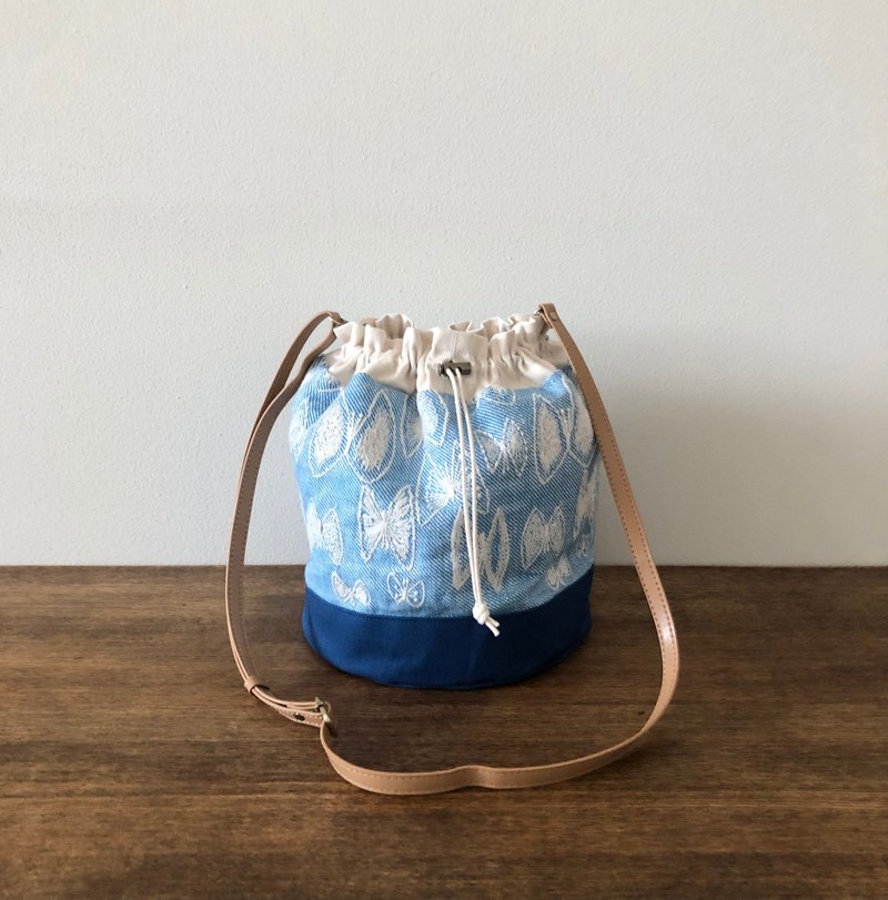 Made to order drawstring bag Mina Perhonen Sky Flower Handmade - Handbags & Totes - Cotton & Hemp Blue