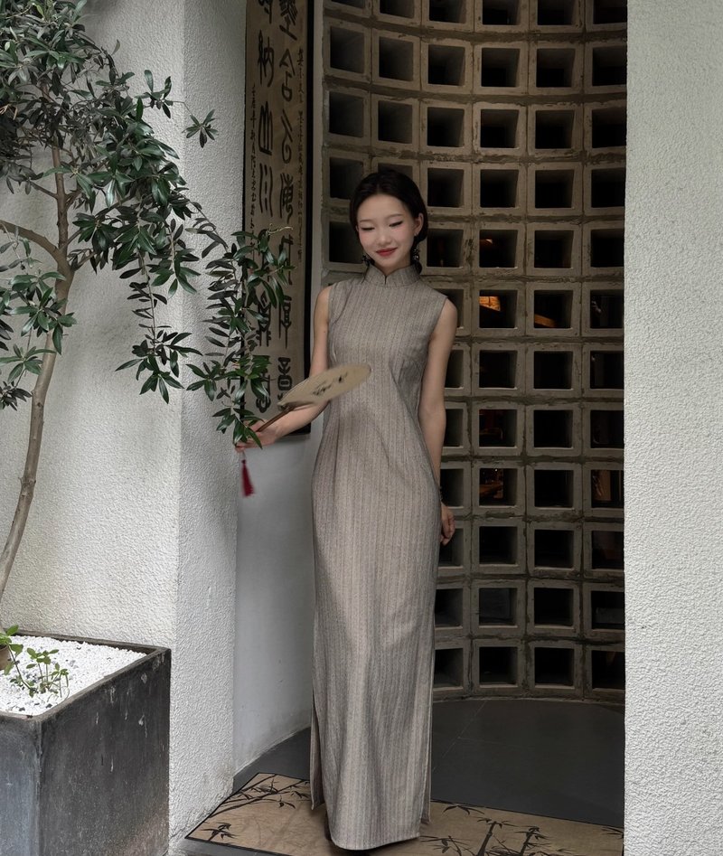 New Chinese retro striped tight-fitting cheongsam camel - One Piece Dresses - Other Materials Multicolor