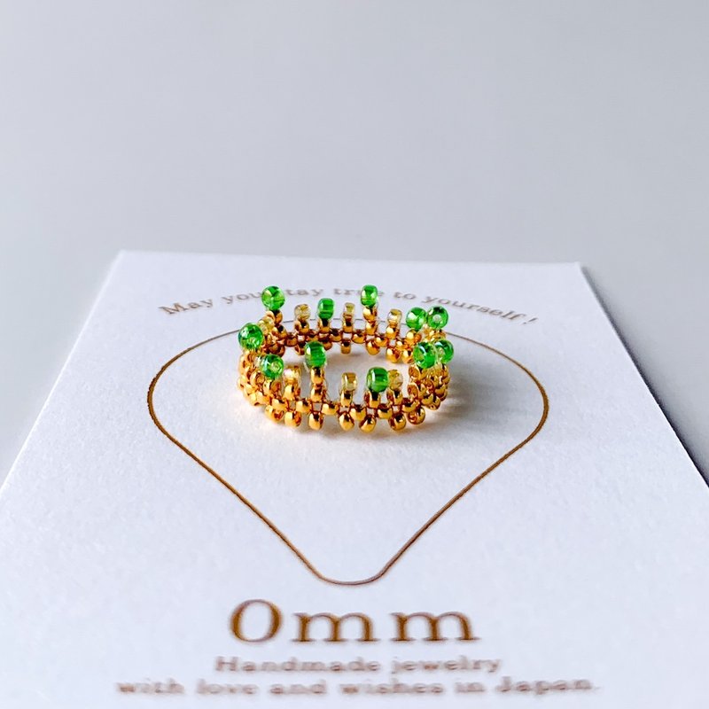 Crown ring made of colored glass and real gold-plated beads [yellow green] - General Rings - Glass Green