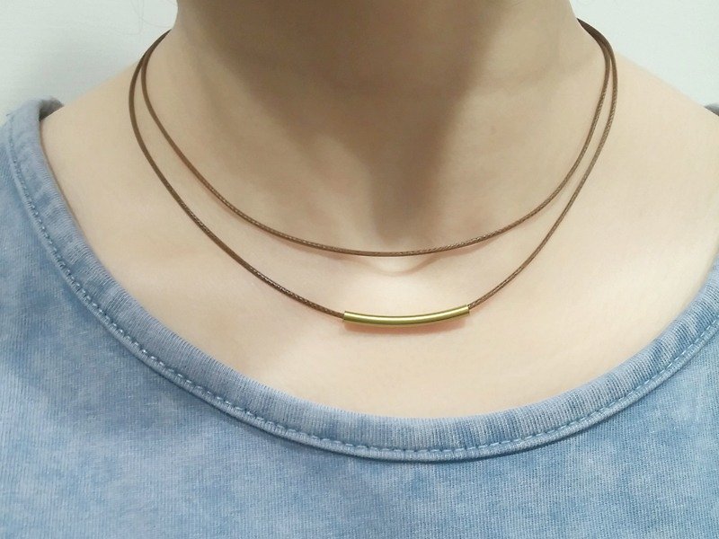 Bronze wire bend Wax necklace simple dual ring plain thin wire rope Wax - Collar Necklaces - Other Materials Brown