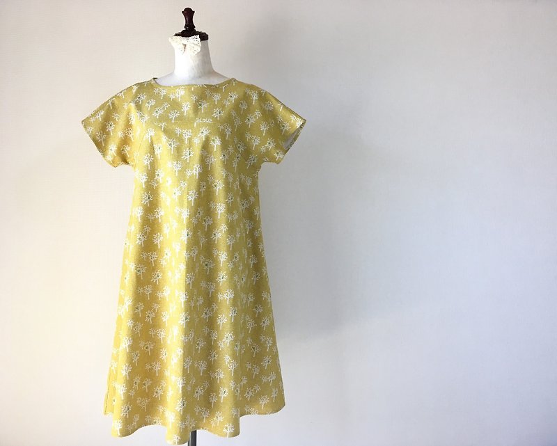 Tree pattern of flare dress * mustard yellow - One Piece Dresses - Cotton & Hemp Yellow