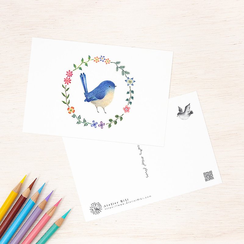 Set of 5 pieces. Like a picture book. Postcard "Blue Bird and Flower Ring" PC-50 - Cards & Postcards - Paper Blue