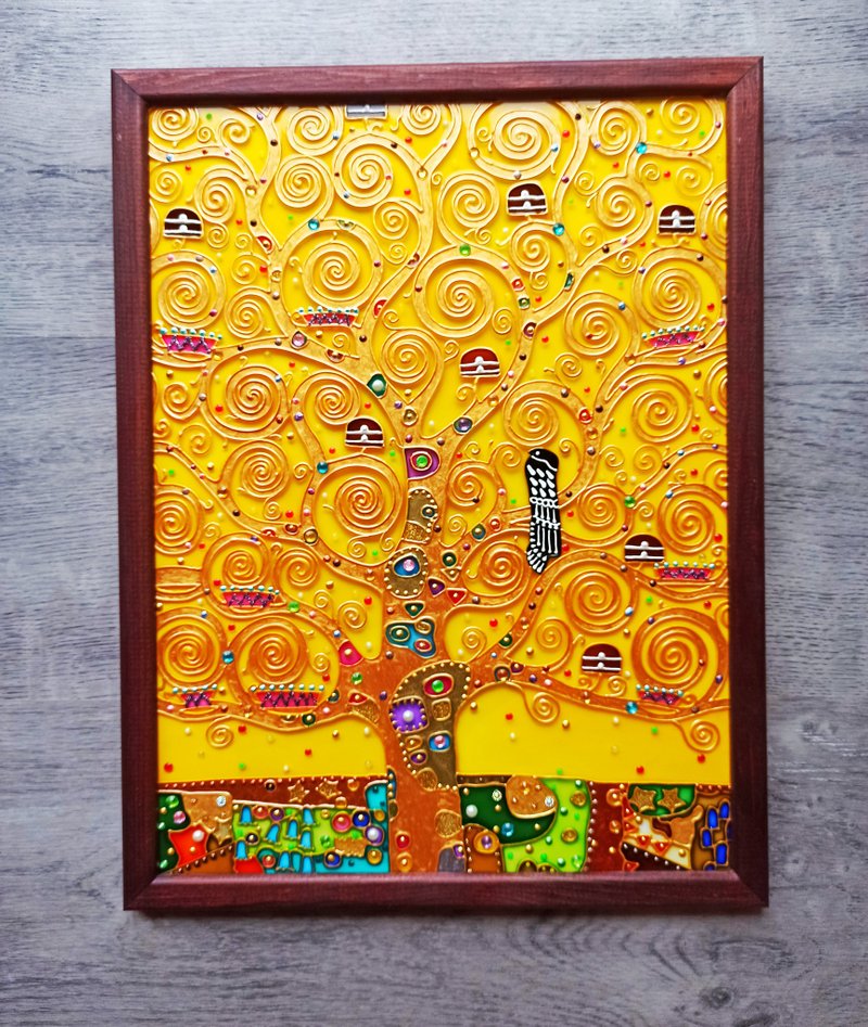 生命之树原克里姆特画在玻璃上现代墙面装饰给夫妇的礼物 - 壁貼/牆壁裝飾 - 玻璃 金色
