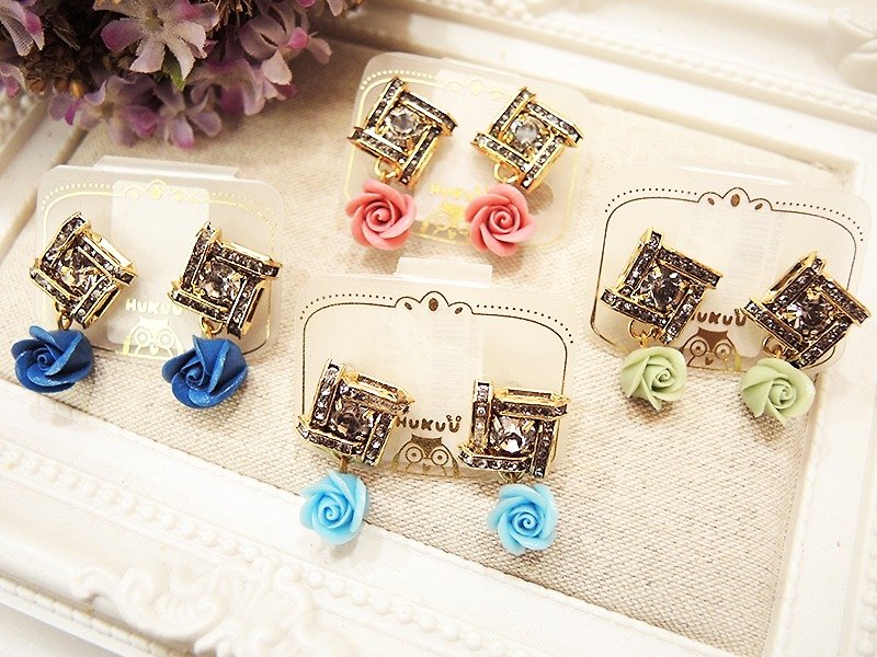 §HUKUROU§ Design Square Drill Rose - Earrings & Clip-ons - Other Metals 