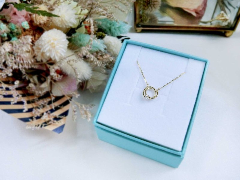 Gold [A Little Story] Double Ring Single Diamond Silver Necklace - สร้อยคอ - โลหะ สีทอง
