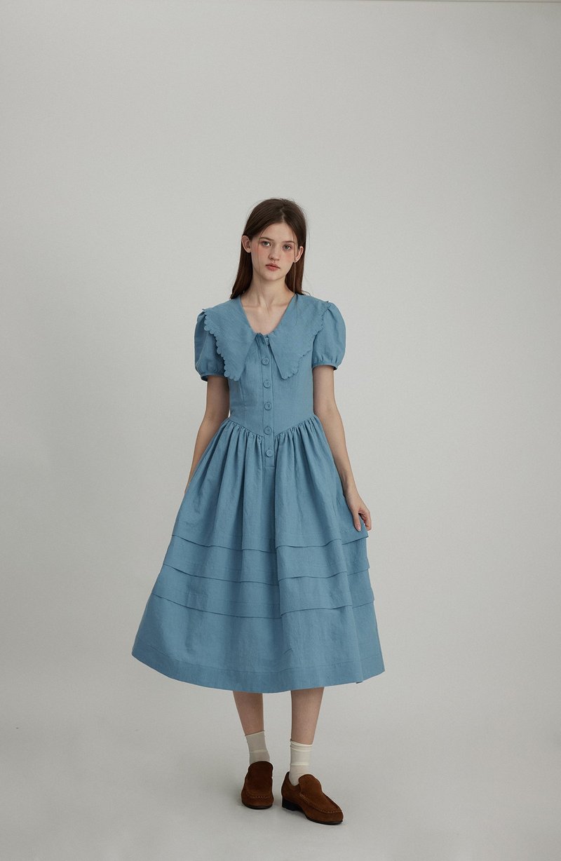 Blues and skirt vintage ramie lace-up dress - ชุดเดรส - วัสดุอื่นๆ สีน้ำเงิน