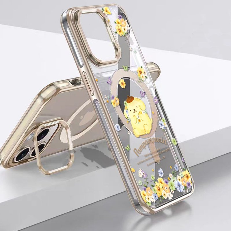 三麗鷗 iPhone 全系列 抗黃化磁吸金屬框隱形立架殼-花語布丁狗 - 手機殼/手機套 - 其他材質 多色