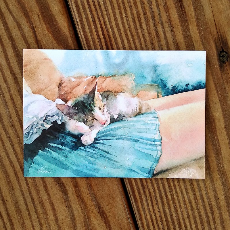 Watercolor painted hair boy series postcard - love legs cat - การ์ด/โปสการ์ด - กระดาษ สีน้ำเงิน