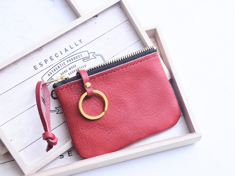 Classic zipper key bag well stitched leather material bag free engraved hand bag key bag couple - Leather Goods - Genuine Leather Red