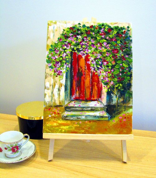 DCS-Art Original oil painting Red Old Door on small stretched canvas home wall decor