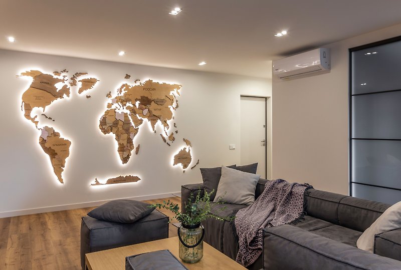 Wooden 3D World Map with LED Backlighting - Perfect Gift for Travel Lovers - Wall Décor - Wood Brown