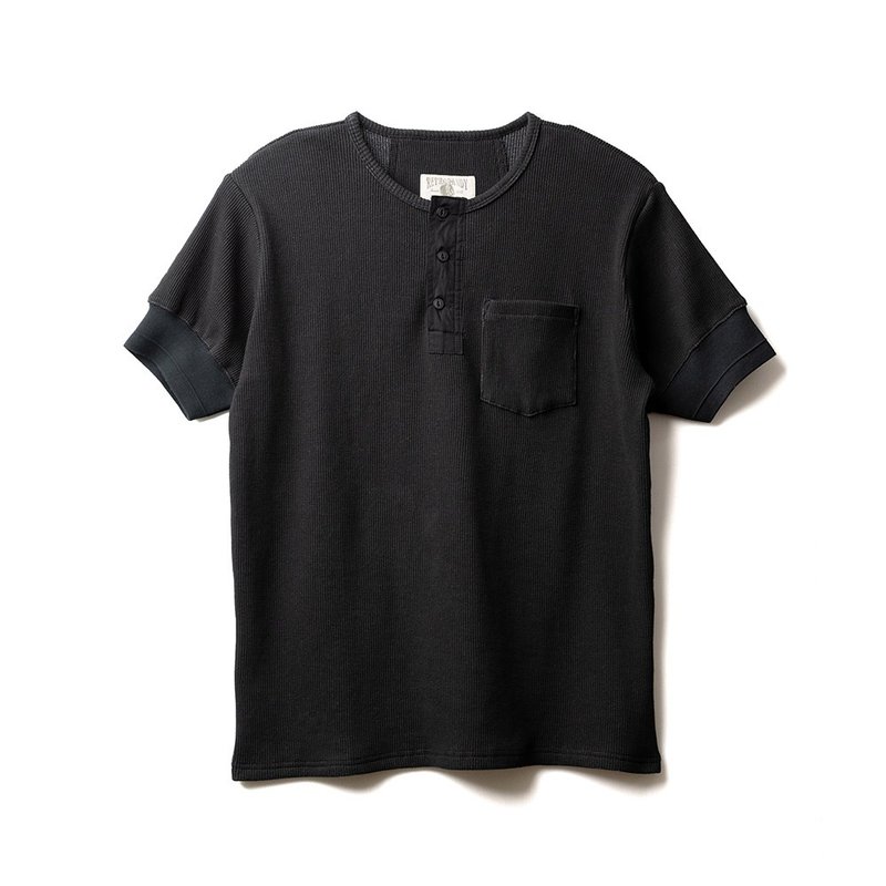 Waffle Henley(S) - 黑色 Black - 男装 T 恤 - 棉．麻 