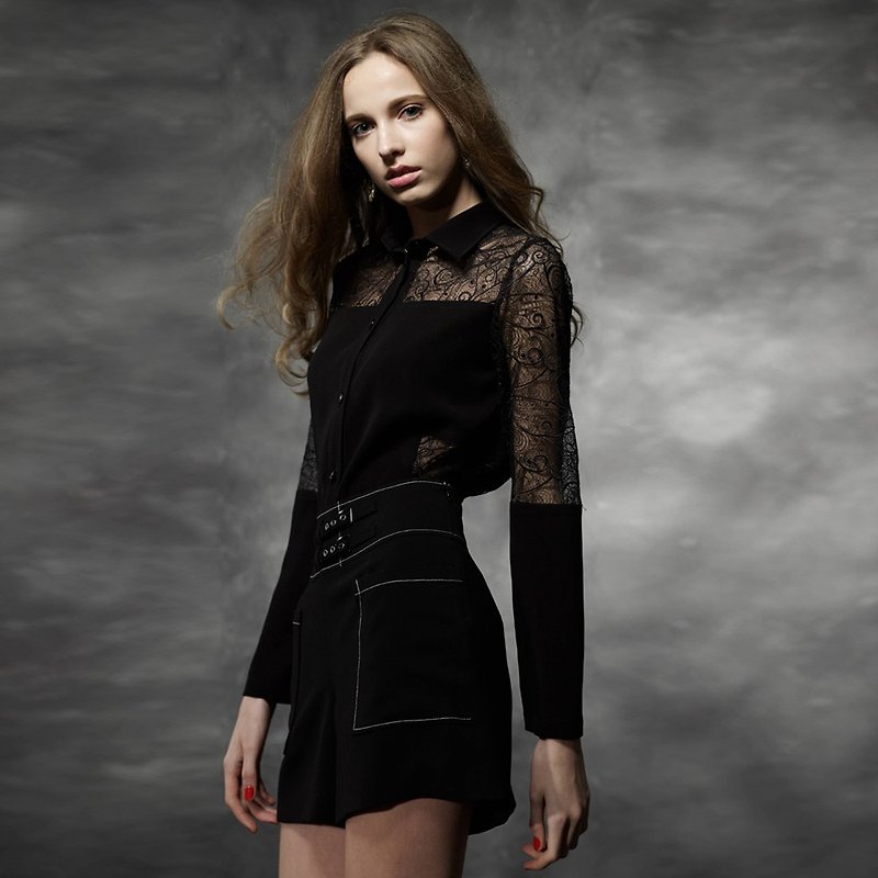 PINKOI Limited Blessing Bag - Cutout Lace Shirt & Styling Shorts - Women's Shorts - Other Materials Black