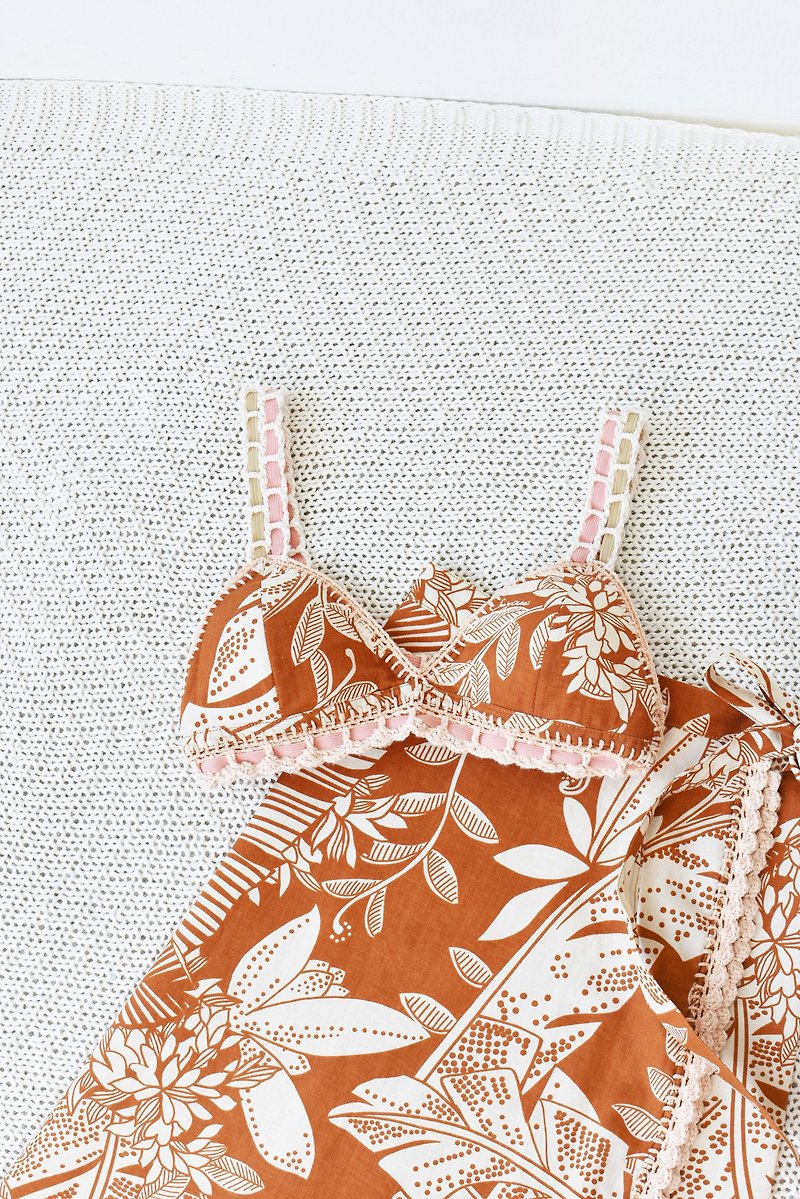 Tropical Japanese Linen Printed Lena Skirt with Crochet Technique - Skirts - Cotton & Hemp Orange