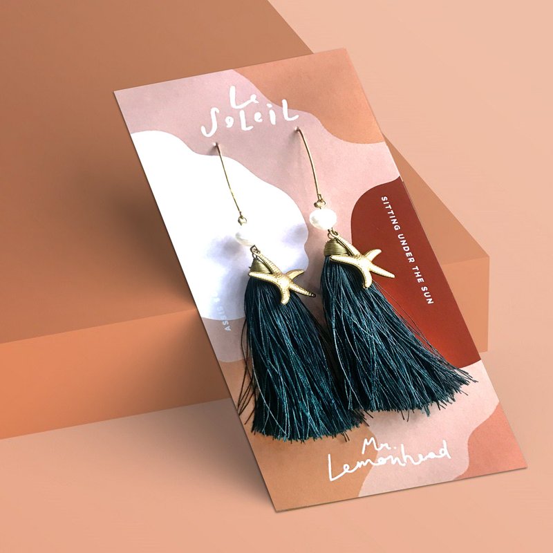 Tassel earrings dark green with real pearl and starfish - Earrings & Clip-ons - Thread Green