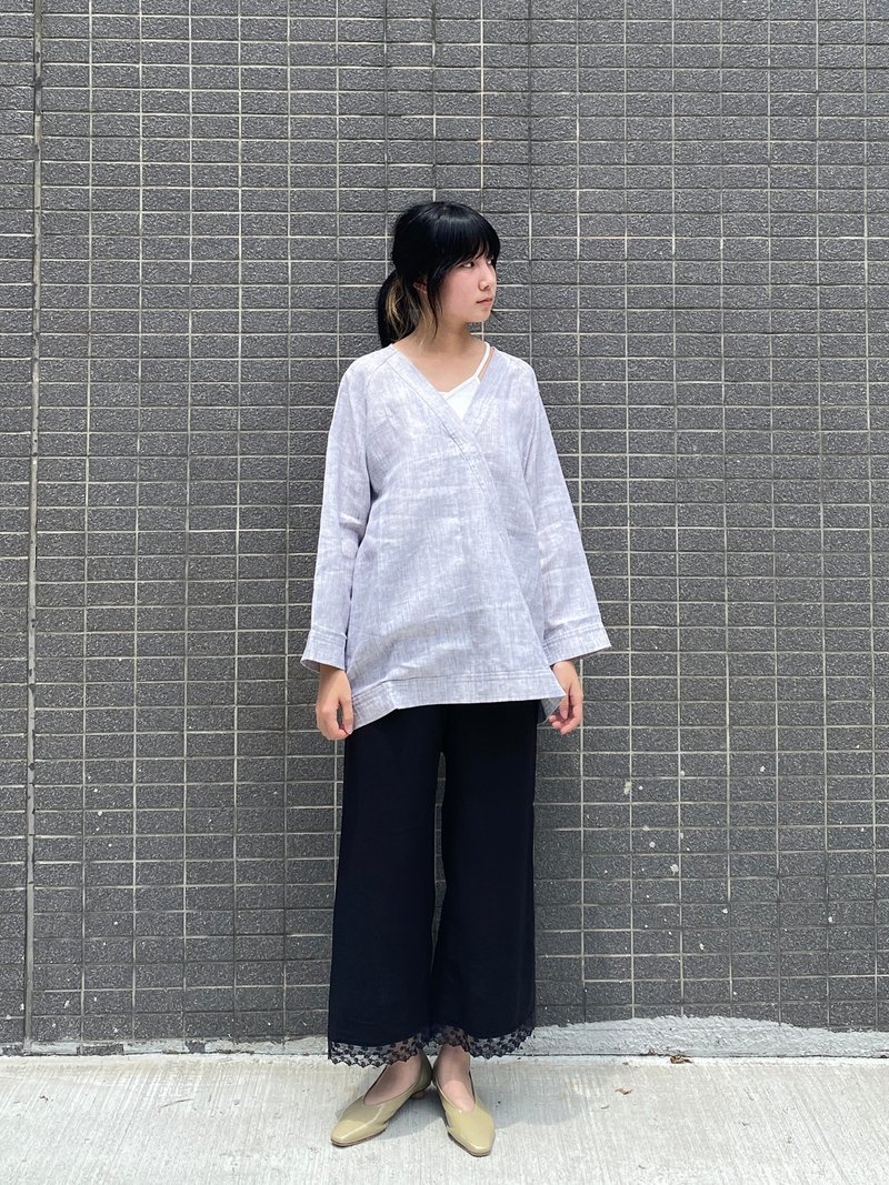 前斜V型上衣 - 女上衣/長袖上衣 - 棉．麻 灰色