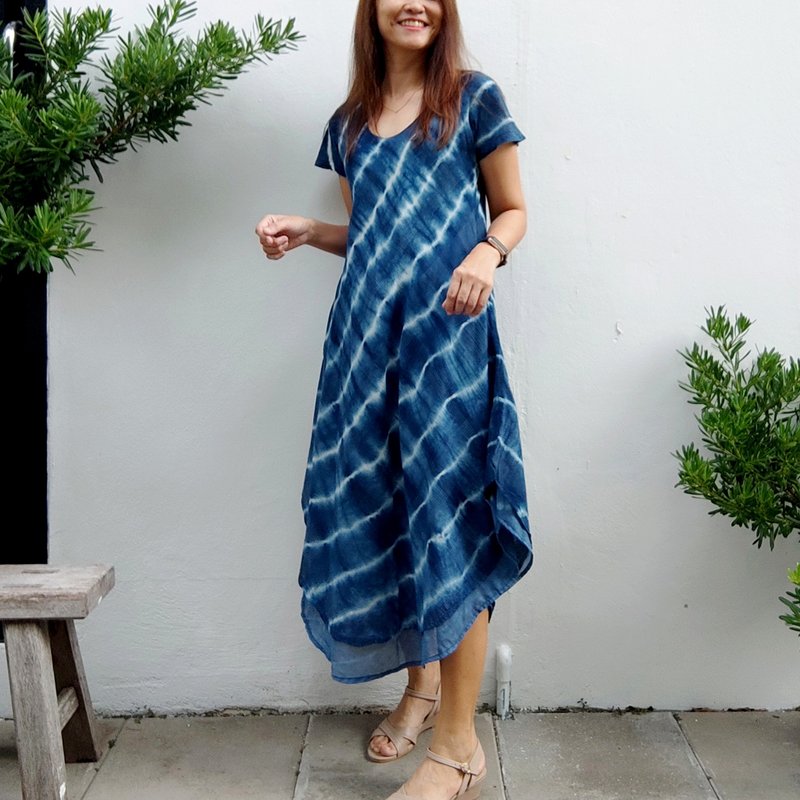 2 Layer Dress River - 雙層紮染水流連衣裙 河 - 洋裝/連身裙 - 棉．麻 藍色