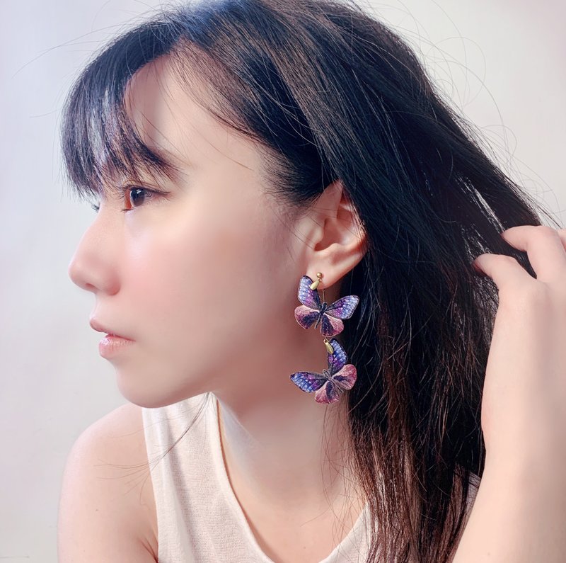 Euploea mulciber /Butterfly/Embroidery earrings - ต่างหู - งานปัก สีม่วง