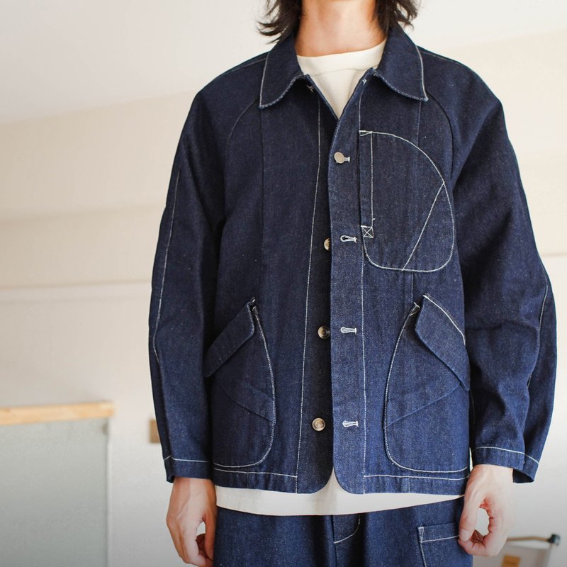 Denim Railway Overalls Railroad Work Denim Jacket - เสื้อโค้ทผู้ชาย - ผ้าฝ้าย/ผ้าลินิน สีน้ำเงิน