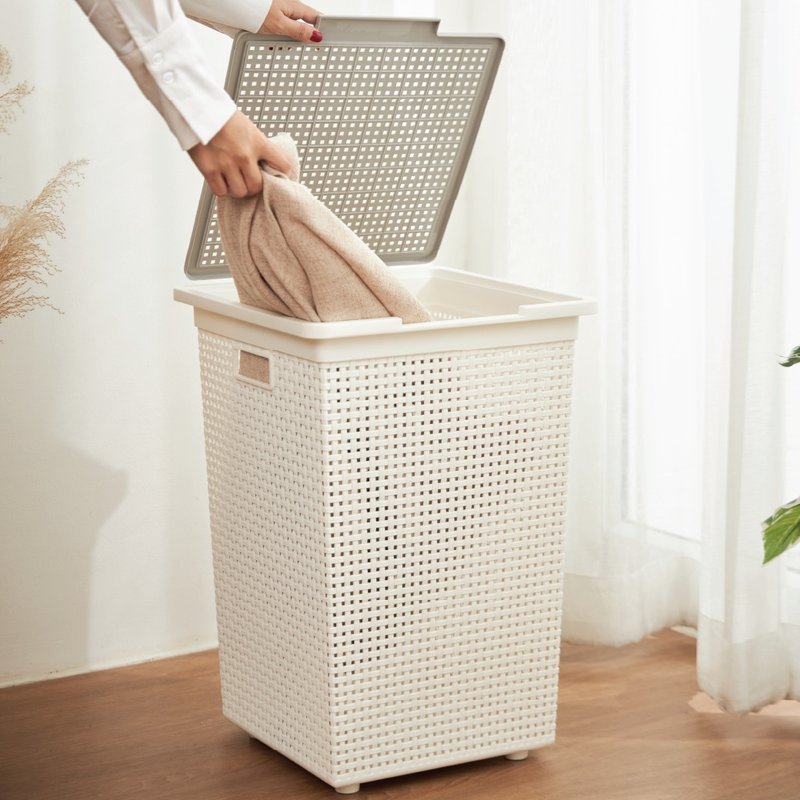 DKW HH-1110 ตะกร้าใส่ผ้าลายสาน มีฝาปิด (2สี) Square laundry basket with lid - ชั้นวาง/ตะกร้า - พลาสติก สีเทา