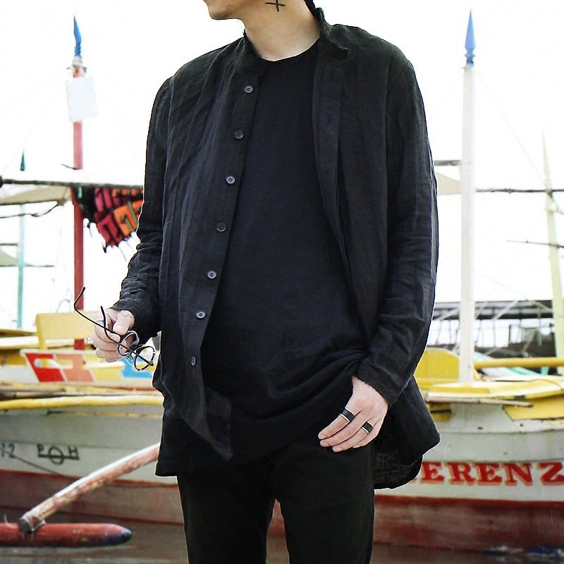 暗いボロボロのシャツバリの抗ファッション風のレトロ波パイオニア長いセクションの区李日本語版 - シャツ メンズ - コットン・麻 ブラック