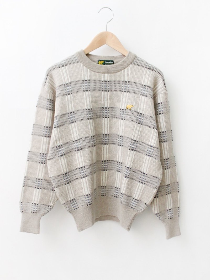 [RE0119SW105] Nippon Khaki Plaid polar bears embroidered loose vintage sweater - สเวตเตอร์ผู้ชาย - ขนแกะ สีกากี
