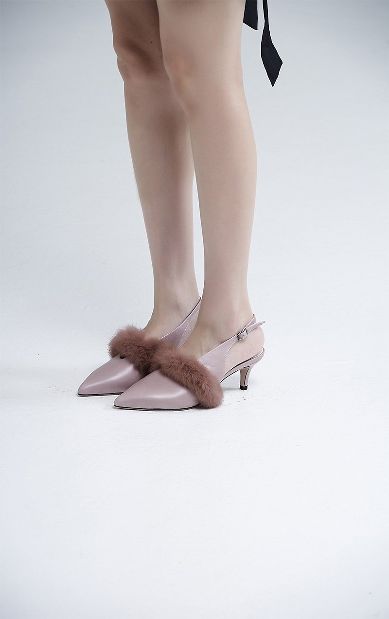 Fluffy instep horizontal belt pointed high heels powder - High Heels - Genuine Leather Pink