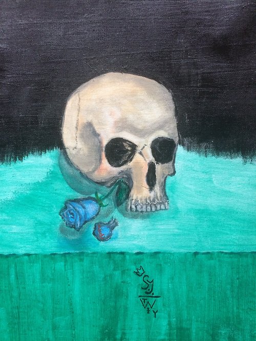 Serge Jagat Gothic home decor Vanitas. Still life with a skull and blue rose Art 靜物 原畫