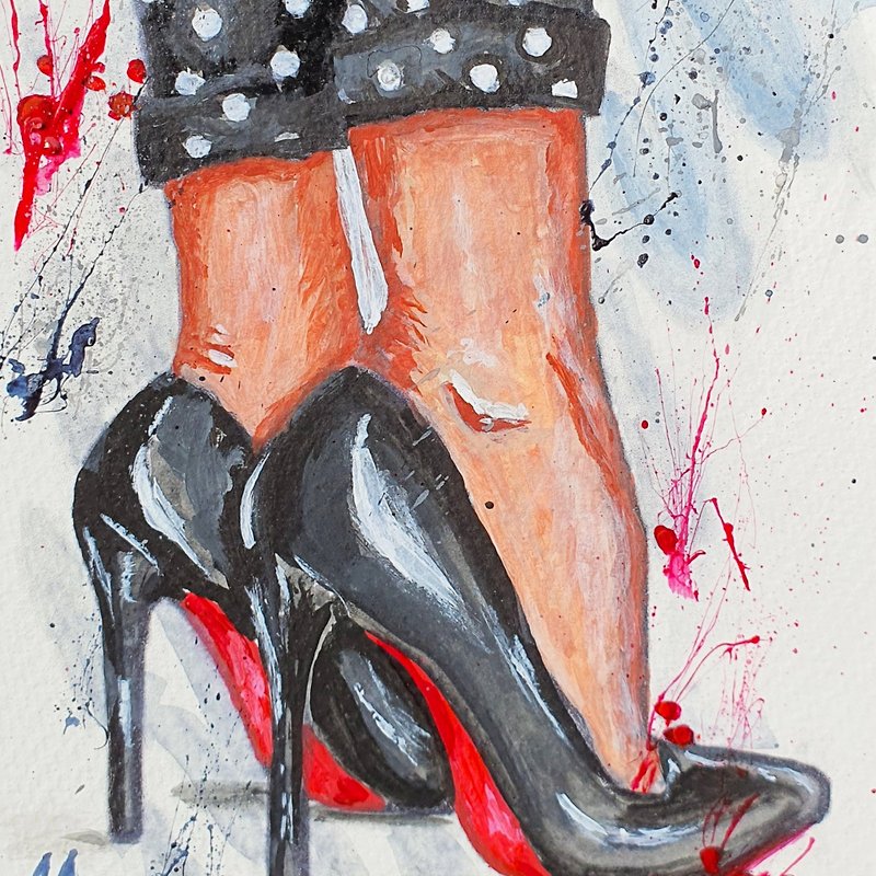 靴の絵の女の子のハイヒールの脚のオリジナル アートワーク Just USA レディース ブルー ジーンズ - ポスター・絵 - その他の素材 ブラック