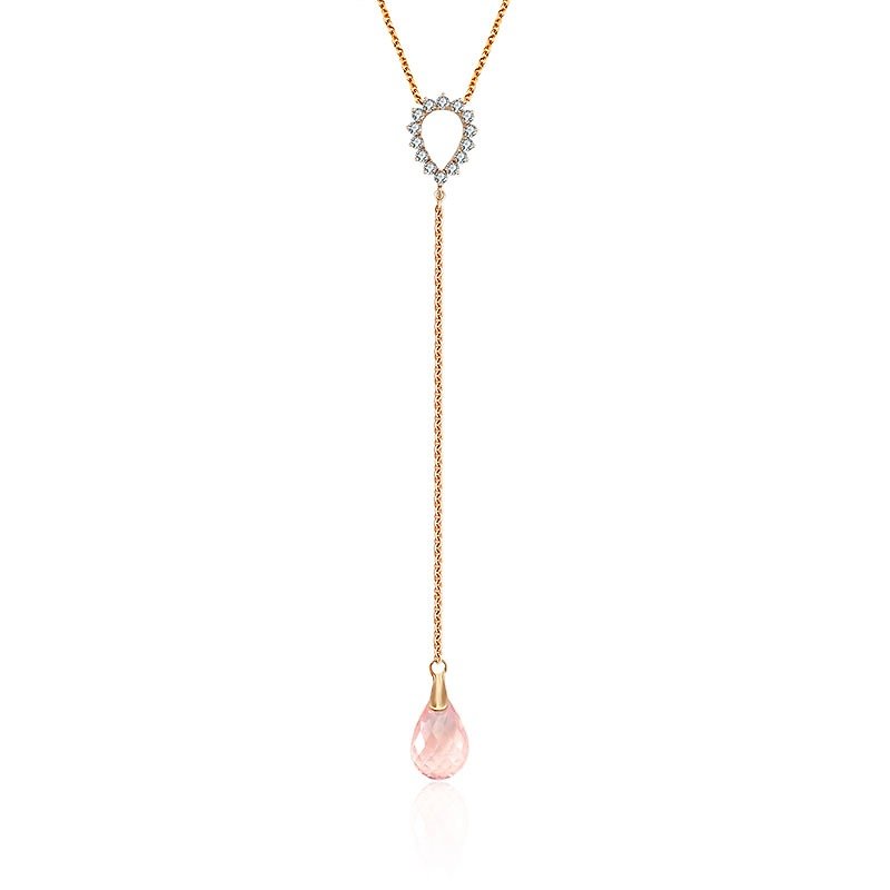 Pink Quartz Chain Diamond Necklace With Drop Shape - สร้อยคอ - โลหะ สึชมพู