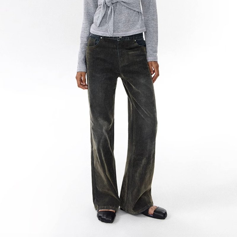 American Star Flocked Jeans Retro Distressed Washed Trousers - กางเกง - วัสดุอื่นๆ สีน้ำเงิน