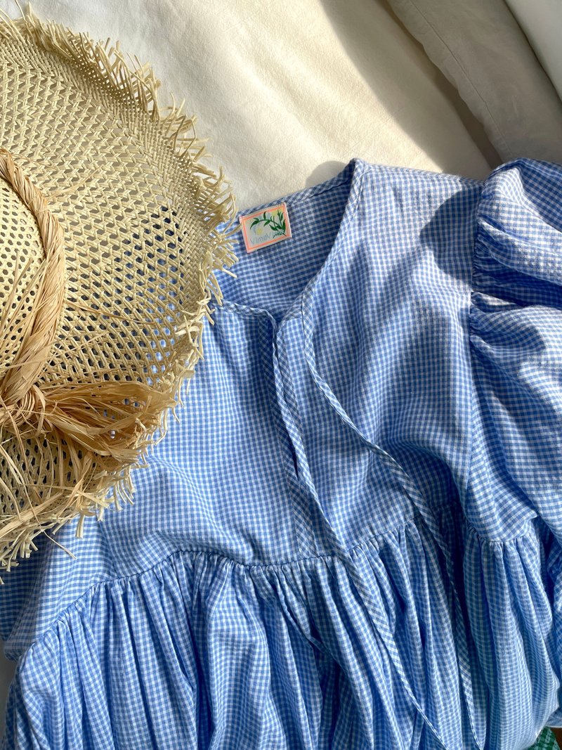 Marchen Mini Dress - Blue Check - 洋裝/連身裙 - 棉．麻 藍色