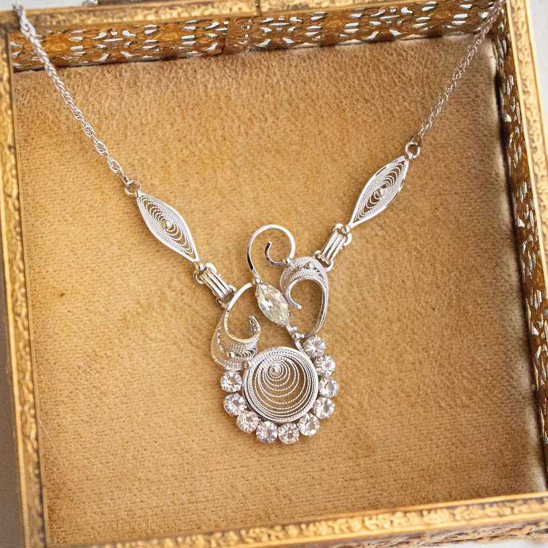 美國 Am Lee 品牌古董 純銀掐絲工藝鑲萊茵石鎖骨鏈 短項鍊 - 鎖骨鍊 - 純銀 銀色