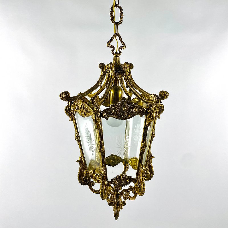 Lantern Pendant Antique in Bronze With Etched Glass Panels, France, 1930s - Lighting - Other Metals Gold
