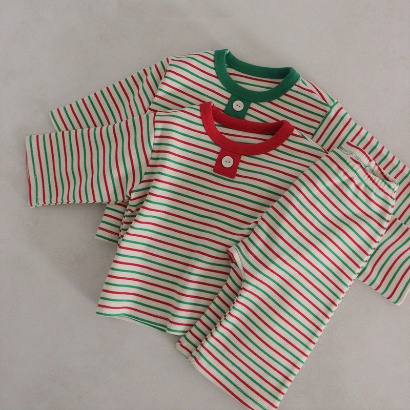 Korean Color Matching Small Horizontal Pattern Thick Cotton Pine Loungewear Set•Christ Set• - เสื้อยืด - ผ้าฝ้าย/ผ้าลินิน 