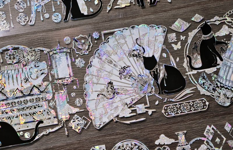 清 黒貓 東方古風 PET 紙膠帶 貝殼光 / 割型貼紙卷 星光膜 - 紙膠帶/和紙/PET - 其他材質 多色