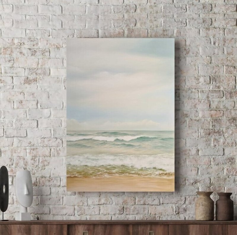 Sea painting |Oil painting seascape |Seascape Wall Art| Minimal seascape| Serene - 壁貼/牆壁裝飾 - 棉．麻 卡其色
