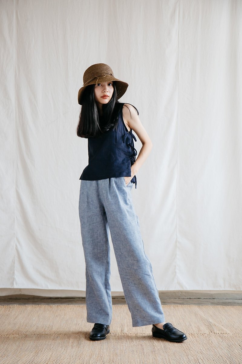 Relax Linen Trousers  in Navy Chambray - 闊腳褲/長褲 - 棉．麻 藍色