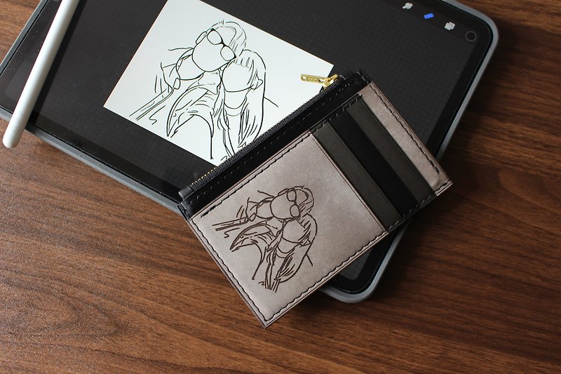 [Customized] Zip coin bag/organ card slot loose Silver/portrait painting/Yan Sihua - Coin Purses - Genuine Leather Gray