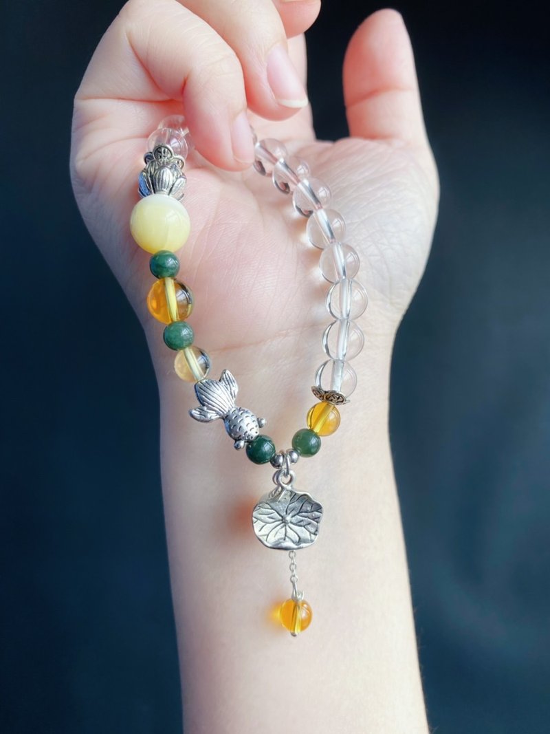 Natural Burmese Jade Lotus Year Fish White Crystal Tridacna Citrine Design Bracelet - Bracelets - Crystal White