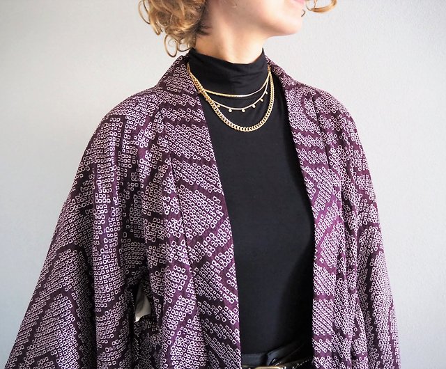 Silk Sou Shibori Purple Haori, Tie Dye Kimono, Japan Fashion