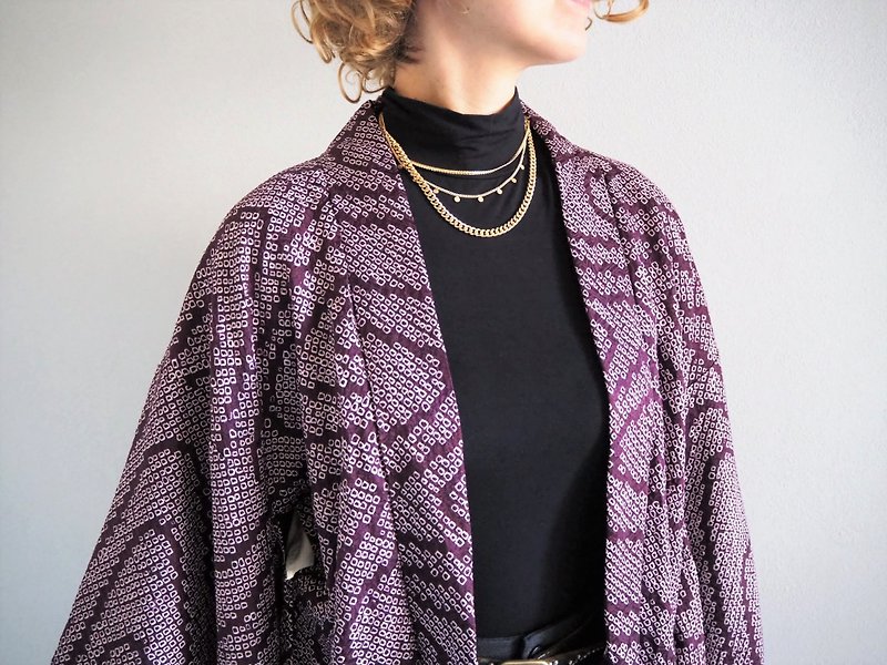 Silk Sou Shibori 紫色外罩、紮染和服、日本時尚、休閑上衣 - 帽T/大學T - 絲．絹 