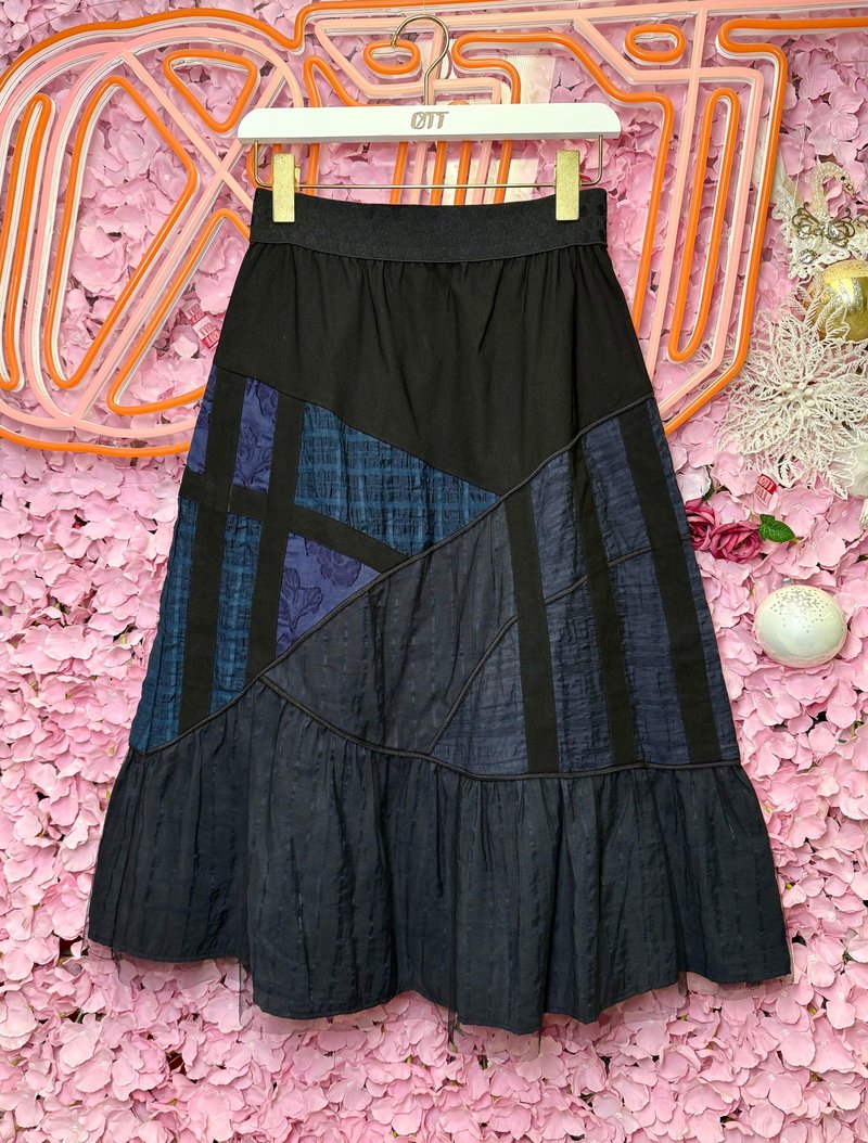 OTT only one-of-a-kind Japanese style blue and black checkered striped patchwork mid-length skirt - Skirts - Cotton & Hemp Blue