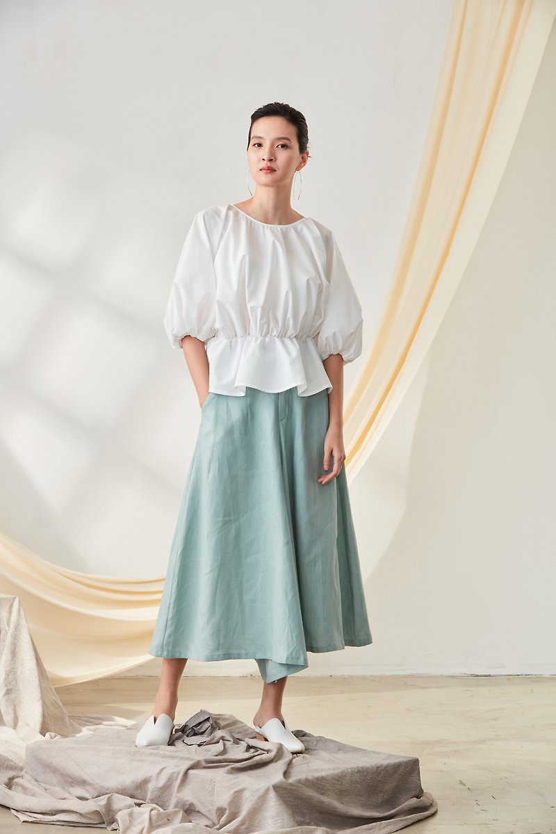 YIBO/New Products-Bud Bubble Sleeve Top (White) - เสื้อผู้หญิง - ผ้าฝ้าย/ผ้าลินิน ขาว